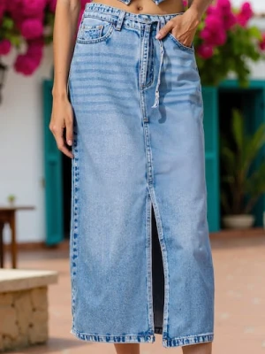 Sinsay - Jeansowa spódnica midi z paskiem - niebieski