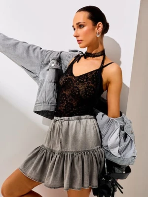 Sinsay - Jeansowa spódnica mini z falbaną - szary