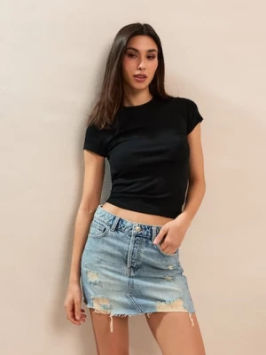 Sinsay - Jeansowa spódnica mini z przetarciami - indigo jeans