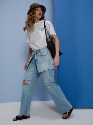 Sinsay - Jeansy baggy low waist z przetarciami - niebieski