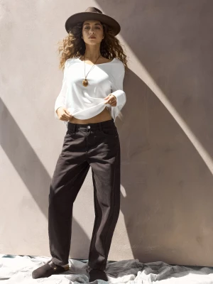 Sinsay - Jeansy balloon high waist z ozdobnym przeszyciem - brązowy