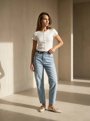 Sinsay - Jeansy balloon high waist z paskiem - niebieski
