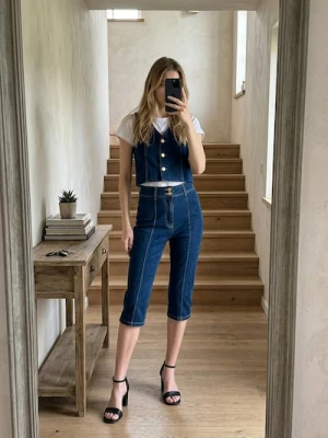 Sinsay - Jeansy capri z przeszyciem z przodu - niebieski