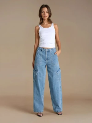 Sinsay - Jeansy cargo high waist - niebieski