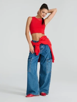Sinsay - Jeansy cargo wide leg - granatowy