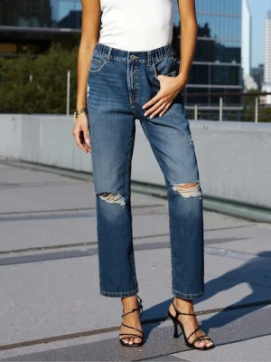 Sinsay - Jeansy mom fit z przetarciami - granatowy