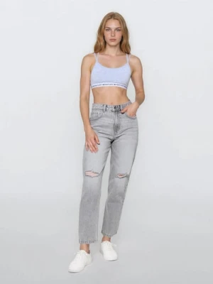 Sinsay - Jeansy mom z przetarciami - szary