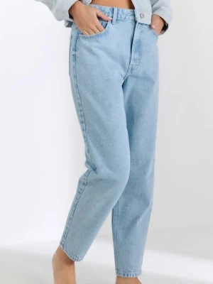 Sinsay - Jeansy mom z wyszywanymi kwiatkami - niebieski