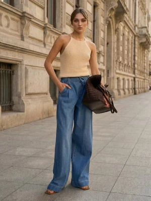 Sinsay - Jeansy palazzo z kieszeniami i materiałowym paskiem - niebieski