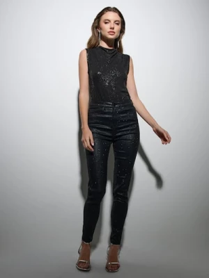 Sinsay - Jeansy skinny high waist z brokatem - czarny