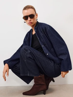 Sinsay - Jeansy straight wide leg z dżetami - niebieski