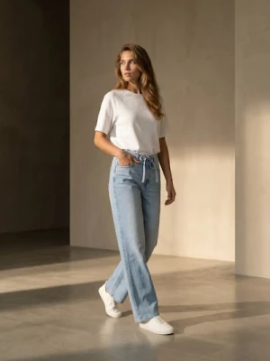 Sinsay - Jeansy straight wide leg z efektem sprania - niebieski