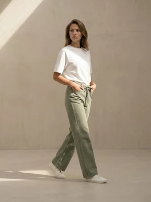 Sinsay - Jeansy straight wide leg z wysokim stanem - zielony