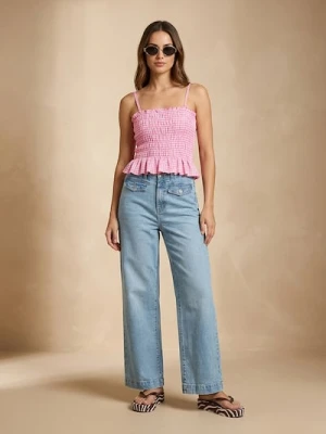 Sinsay - Jeansy straight wide leg ze średnim stanem - niebieski
