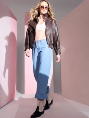 Sinsay - Jeansy straight z falbanką na nogawce - niebieski