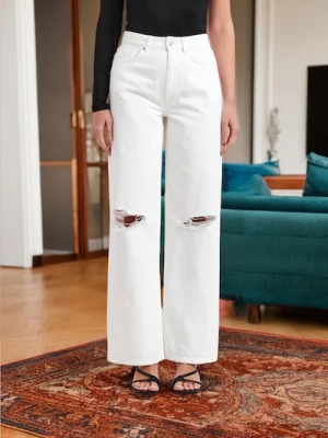 Sinsay - Jeansy wide leg high waist - biały