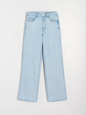 Sinsay - Jeansy wide leg high waist z efektem sprania - niebieski