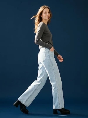 Sinsay - Jeansy wide leg high waist z efektem sprania - niebieski