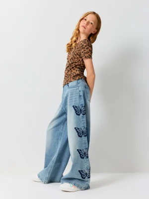 Sinsay - Jeansy wide leg high waist z haftowanymi motylami - niebieski
