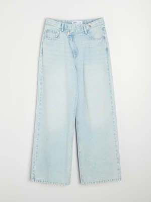 Sinsay - Jeansy wide leg high waist z krzyżowanym pasem - niebieski