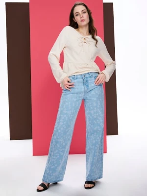 Sinsay - Jeansy wide leg high waist z kwiatowym nadrukiem - niebieski