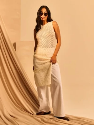 Sinsay - Jeansy wide leg high waist z materiałowym paskiem - biały