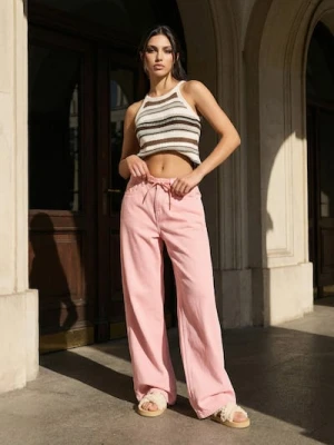 Sinsay - Jeansy wide leg high waist z materiałowym paskiem - różowy