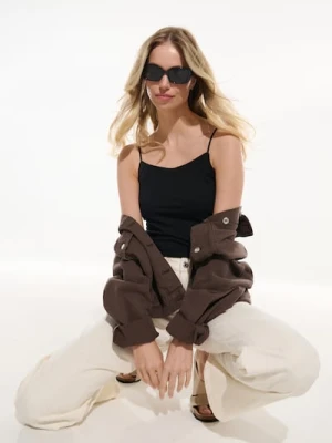 Sinsay - Jeansy wide leg high waist z metalizowanymi paskami - kremowy