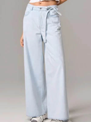 Sinsay - Jeansy wide leg high waist z paskiem - niebieski