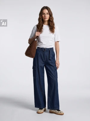 Sinsay - Jeansy wide leg high waist z paskiem - niebieski