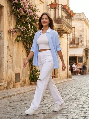 Sinsay - Jeansy wide leg high waist z przetarciami - biały