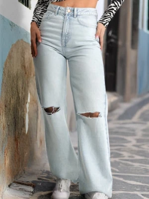 Sinsay - Jeansy wide leg high waist z przetarciami - niebieski