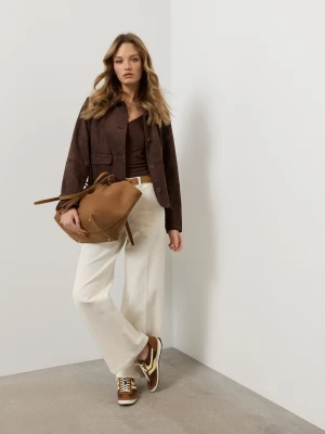 Sinsay - Jeansy wide leg mid waist z paskiem - kremowy