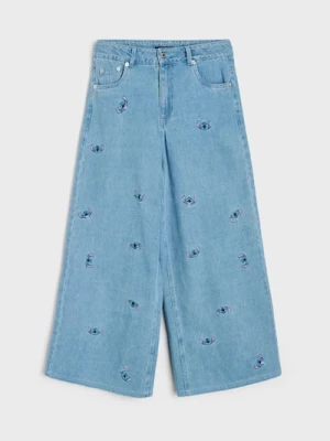 Sinsay - Jeansy wide leg oversize z haftem Stitch - niebieski