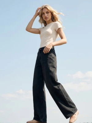 Sinsay - Jeansy wide leg z efektem sprania - czarny