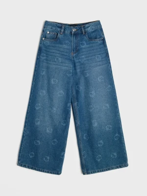 Sinsay - Jeansy wide leg z efektem sprania Hello Kitty - granatowy