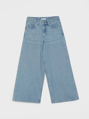 Sinsay - Jeansy wide leg z efektem sprania - niebieski