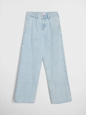 Sinsay - Jeansy wide leg z efektem sprania - niebieski
