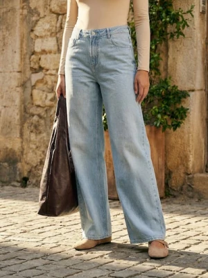 Sinsay - Jeansy wide leg z efektem sprania - niebieski