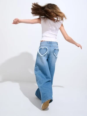 Sinsay - Jeansy wide leg z efektem sprania - niebieski