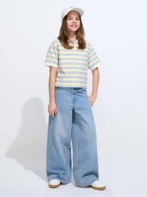 Sinsay - Jeansy wide leg z efektem sprania - niebieski