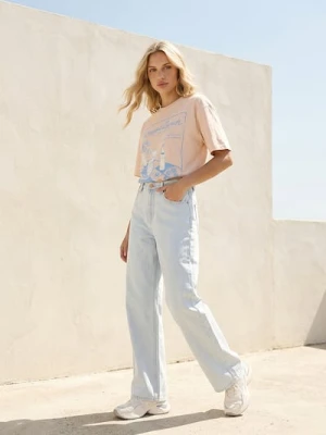 Sinsay - Jeansy wide leg z efektem sprania - niebieski