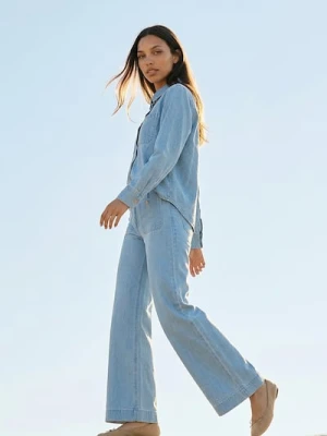 Sinsay - Jeansy wide leg z efektem sprania - niebieski