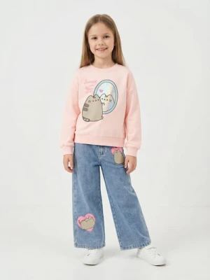 Sinsay - Jeansy wide leg z efektem sprania Pusheen the Cat - niebieski