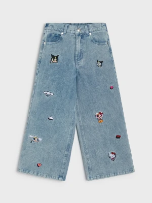 Sinsay - Jeansy wide leg z haftem Hello Kitty and Friends x Powerpuff Girls - niebieski