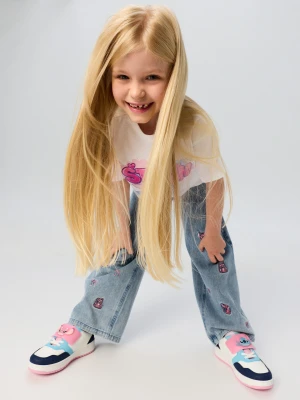 Sinsay - Jeansy wide leg z haftem i domieszką wiskozy Stitch - niebieski