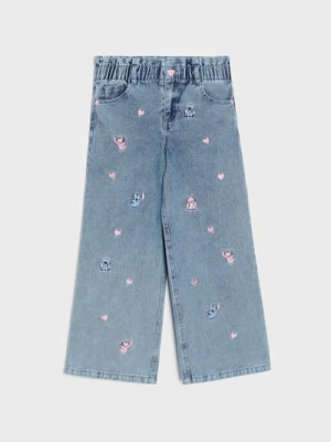 Sinsay - Jeansy wide leg z haftem Lilo & Stitch - niebieski