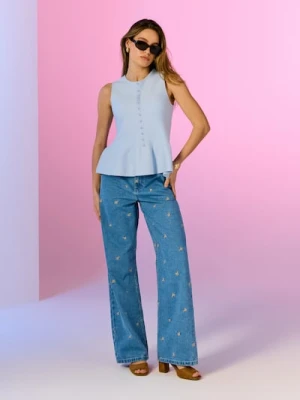 Sinsay - Jeansy wide leg z haftem - niebieski