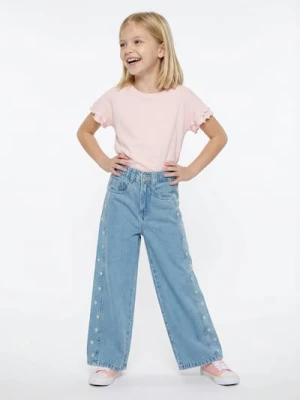 Sinsay - Jeansy wide leg z haftowanymi kwiatkami - granatowy