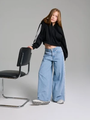 Sinsay - Jeansy wide leg z koronkowymi lampasami - niebieski